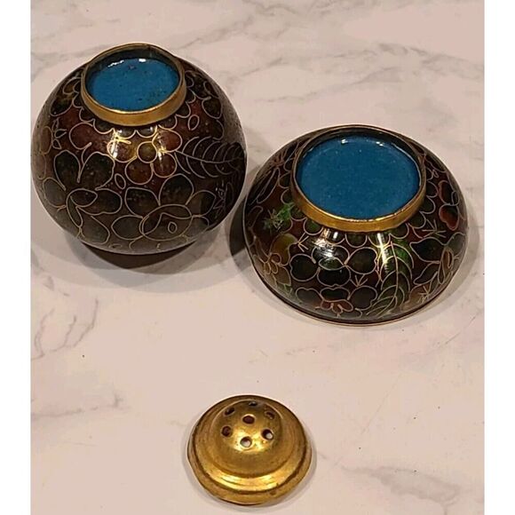 Cloisonné Open Salt Bowl Cellar Pepper Shaker Flower Enamel Brass Stacking Brown - Picture 4 of 8